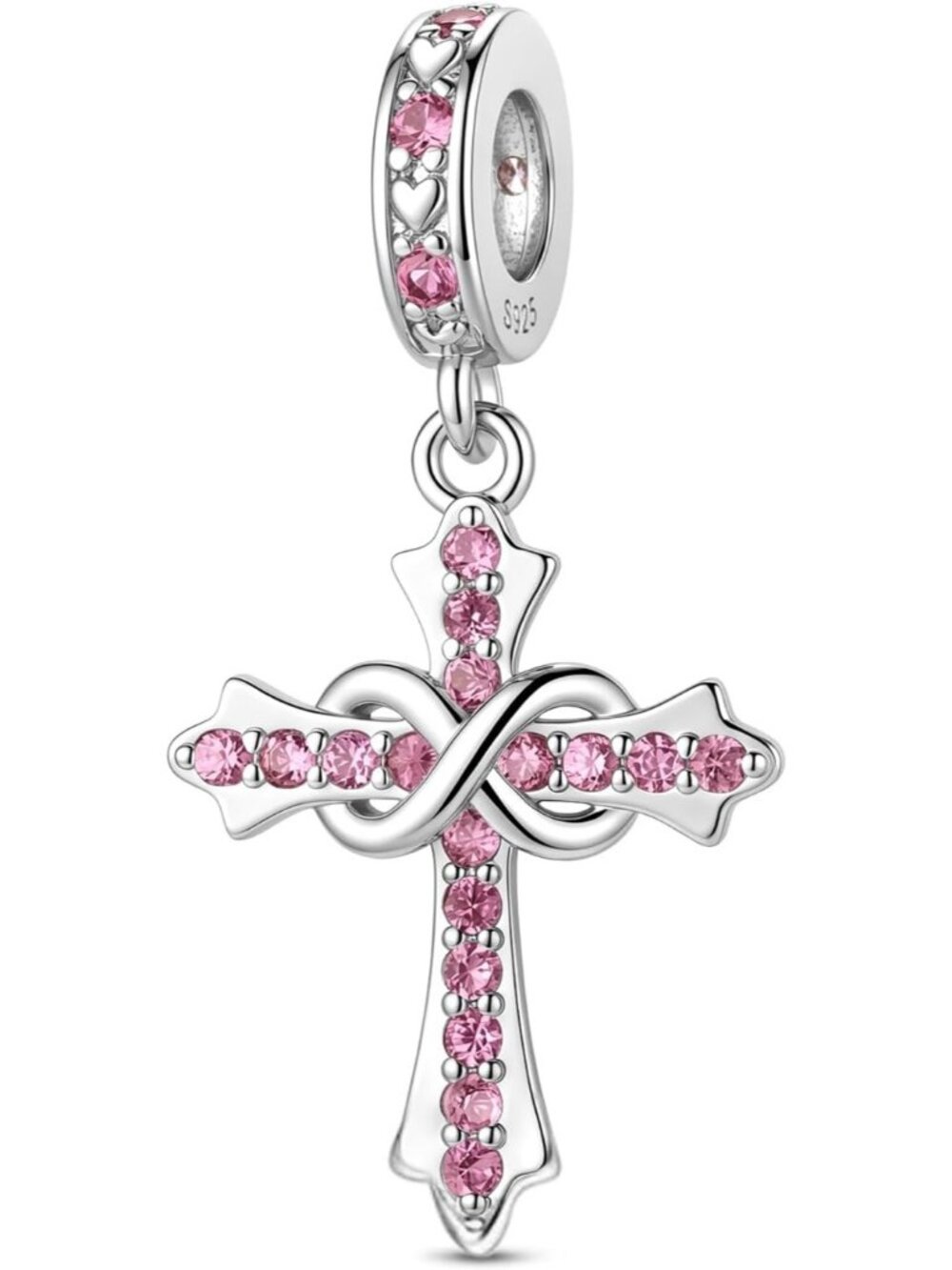 Women's Light Pink 925 Sterling Silver Birthstone Cross Compatible Charms Beads